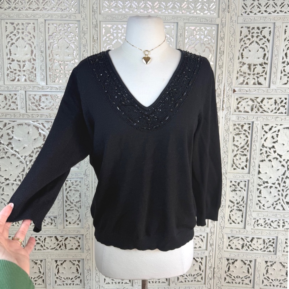 Vtg Judith Hart Black Silk Blend Fairycore Blouse Sz L Beaded Sequin Whimsigoth